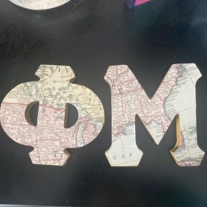 Phi Mu Wooden Blocks with map print on both sides and gold glitter around edges